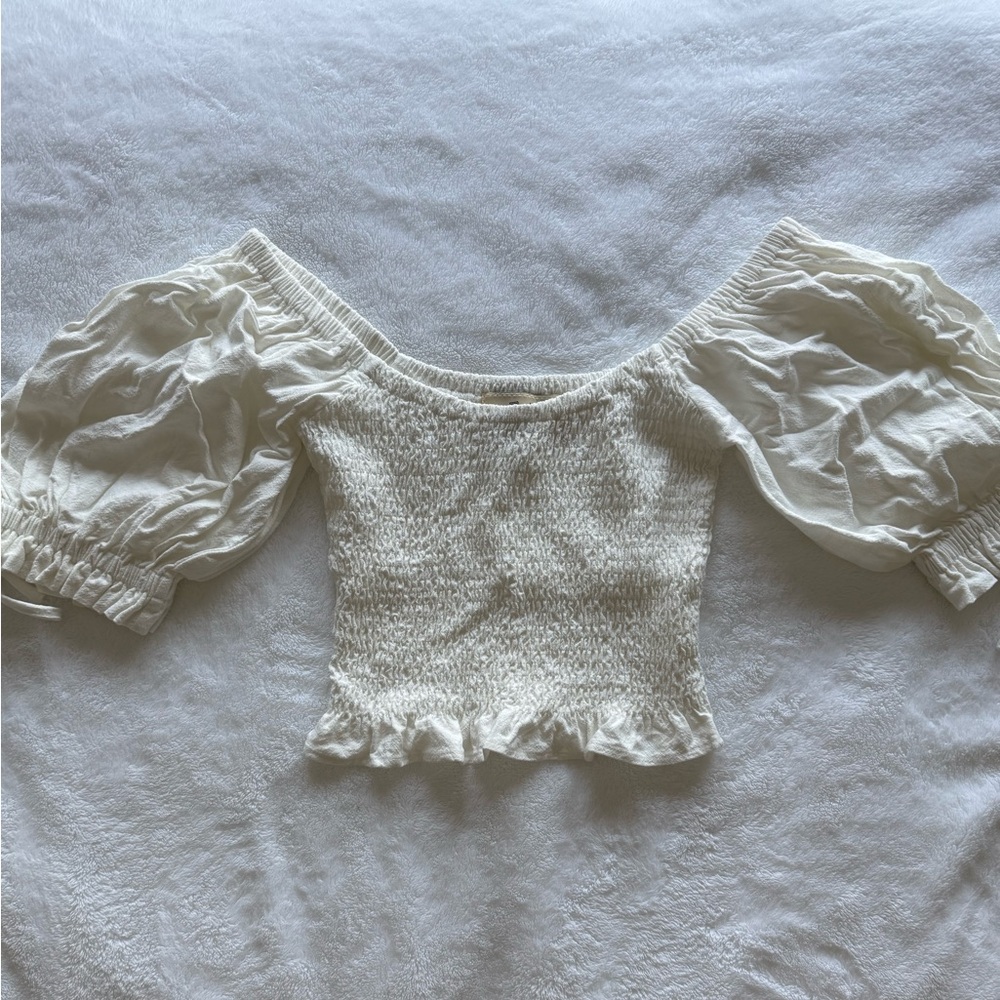 FASHION BRAND COMPANY Smocked Blouse Soft Linen White Size XS